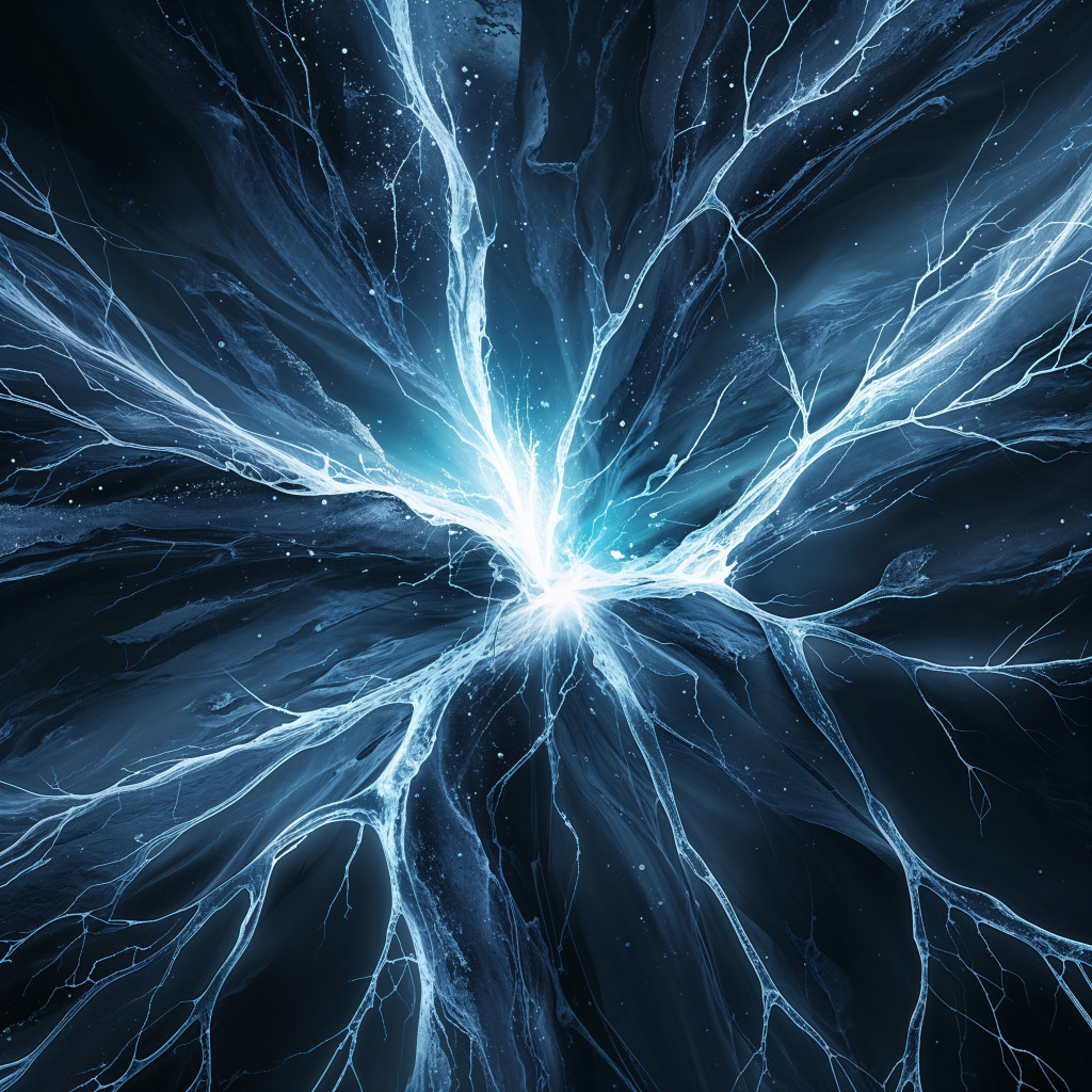 Frozen energy burst radiating from a bright central core with organic ice-like filaments expanding outward in a dark abstract field